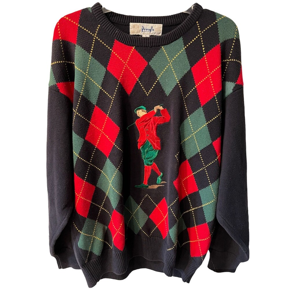 Pringle of Scotland Sweater Mens Sz L Golf Argyle Embroidered Golfer Vintage - Picture 2 of 9